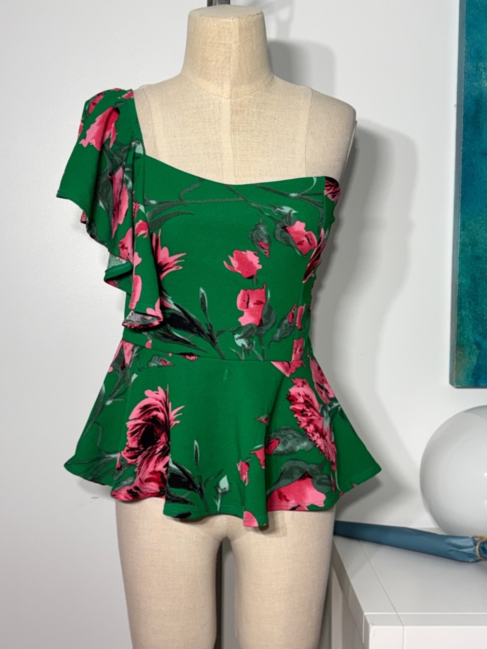 Green Floral One-Shoulder Peplum Top with Pink Blossom Print